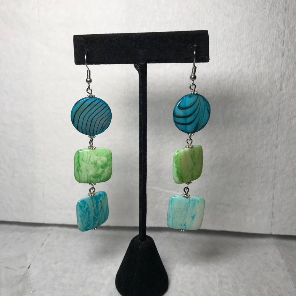 Handmade Acrylic Earrings Blue & Green Dangle Drop Boho Lightweight